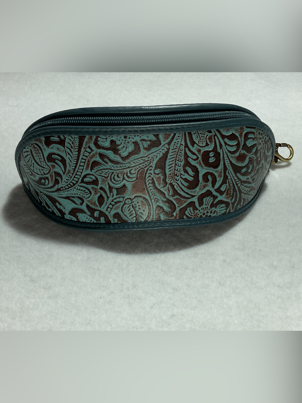 Myra Bag Brown and Teal Tooled Leather Sunglasses Pouch
